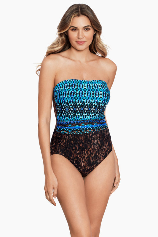 Long Torso Untamed Avanti Bandeau One Piece Swimsuit Brown/Multi | Miraclesuit