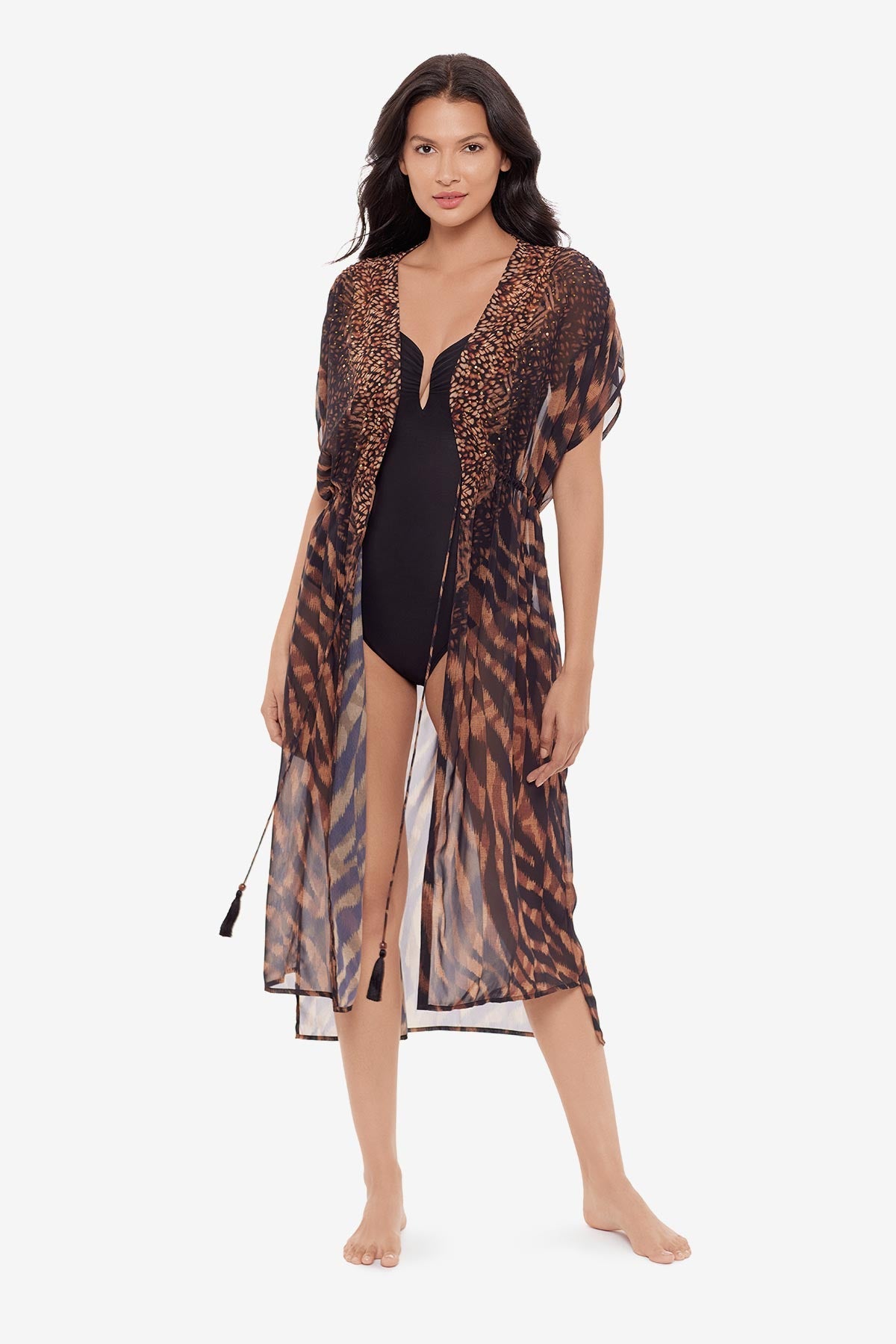 Beaded Kimono Cover Up in Raya De Safari Black/Brown | Miraclesuit