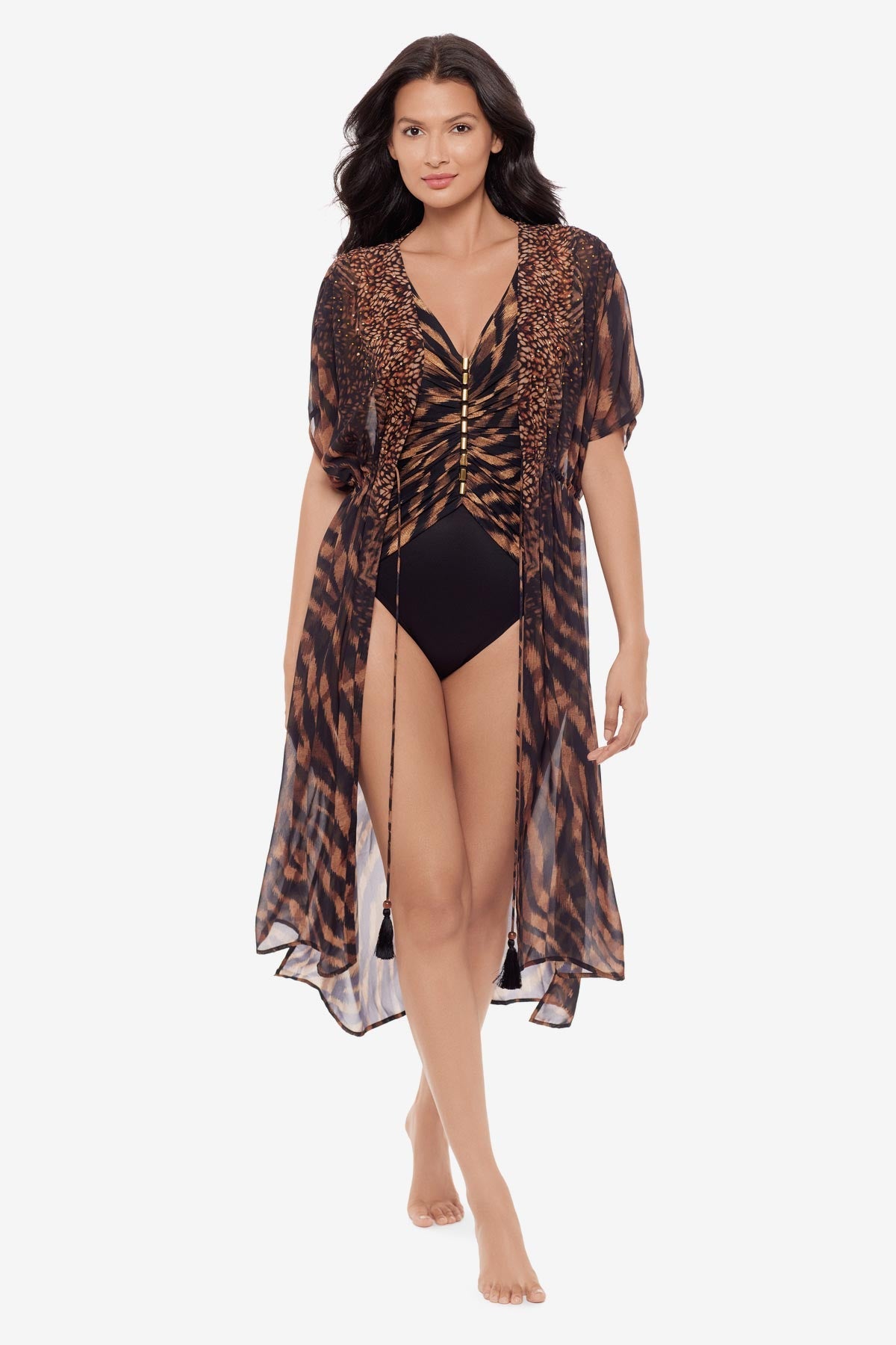 Beaded Kimono Cover Up in Raya De Safari Black/Brown | Miraclesuit