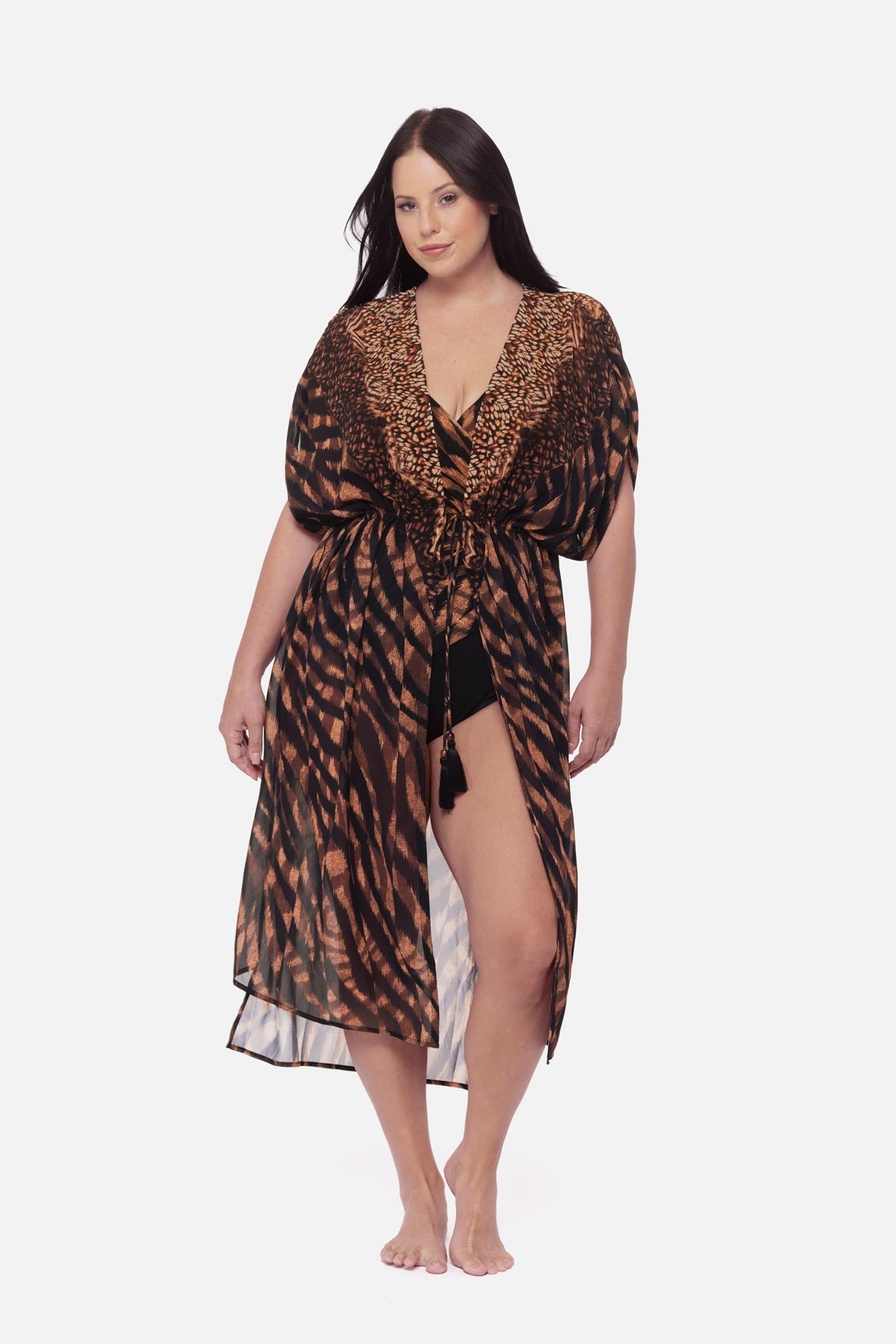 Plus Size Beaded Kimono Cover Up in Raya De Safari Black/Brown | Miraclesuit