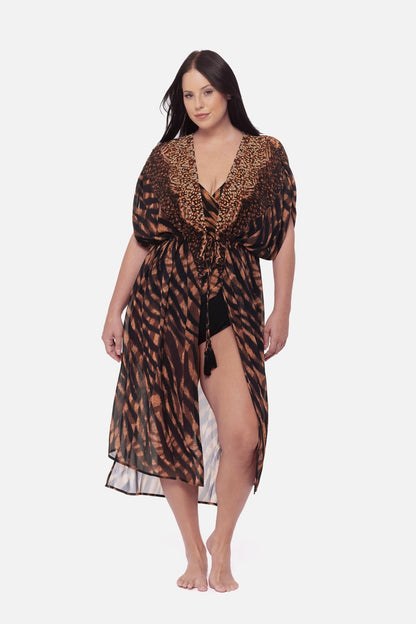 Plus Size Beaded Kimono Cover Up in Raya De Safari Black/Brown | Miraclesuit