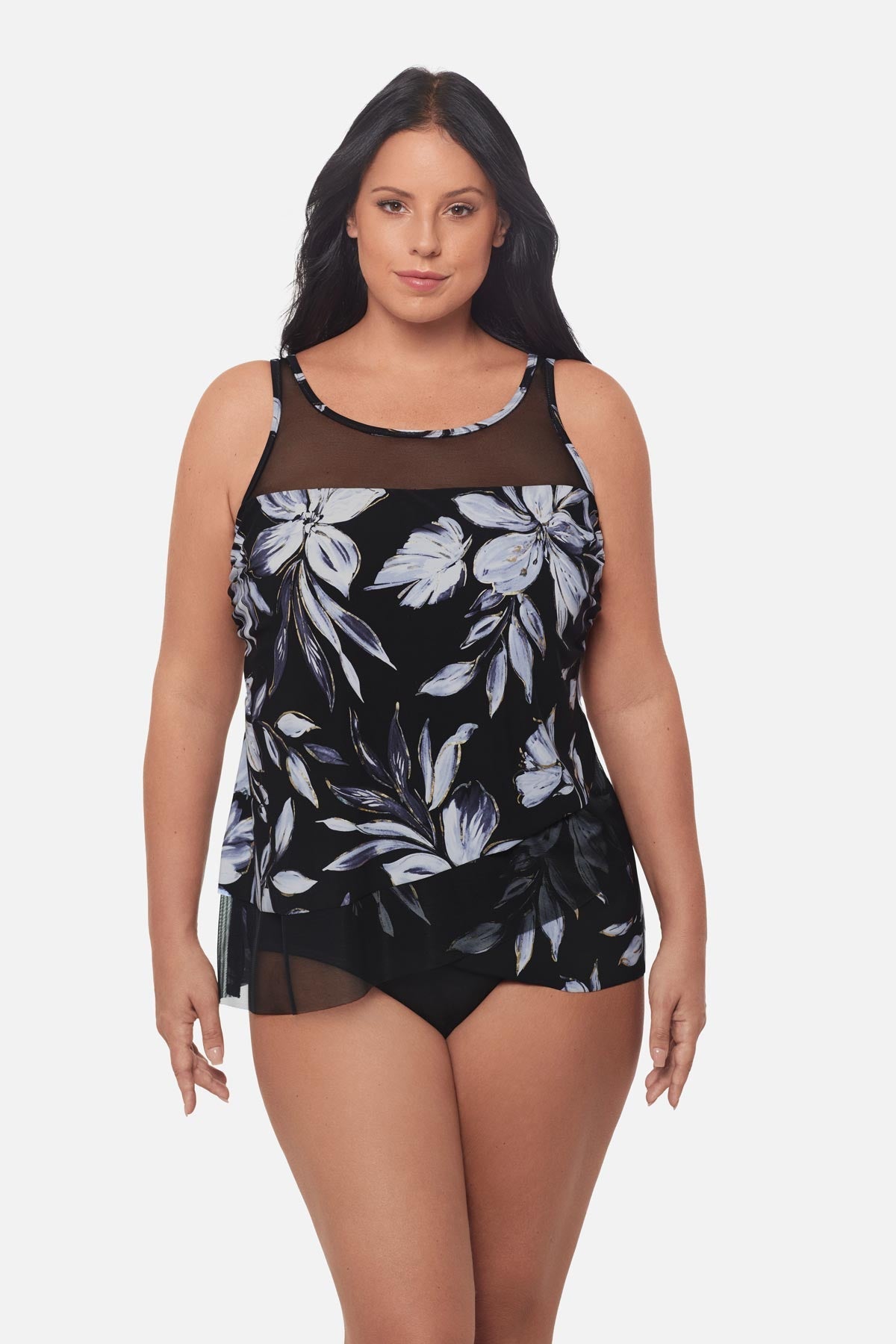 Plus Size Mirage Tankini Top in Fiore Di Luna Black/White | Miraclesuit