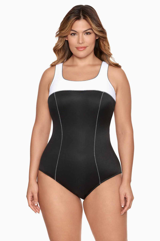 Plus Size Tummy Control Swimsuit - Colorblock Touche One Piece Black/White | Miraclesuit