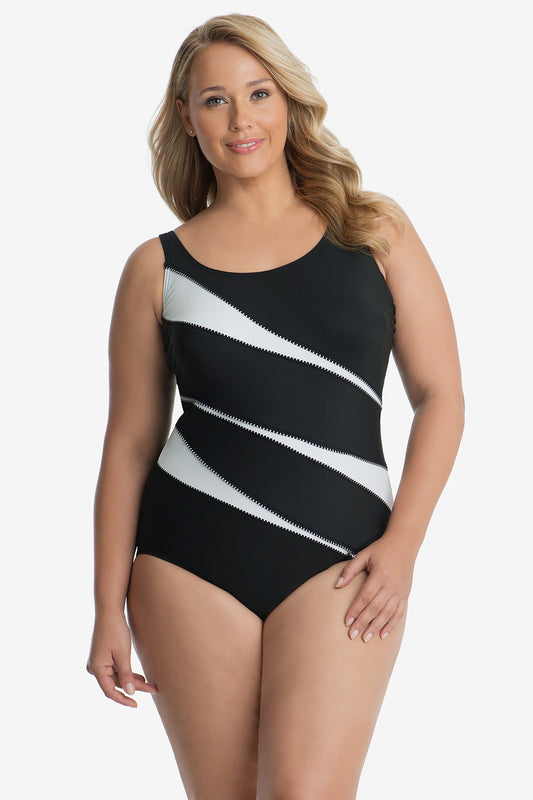 Tummy Control Plus Size Swimwear - Colorblock Helix One Piece Black/White | Miraclesuit
