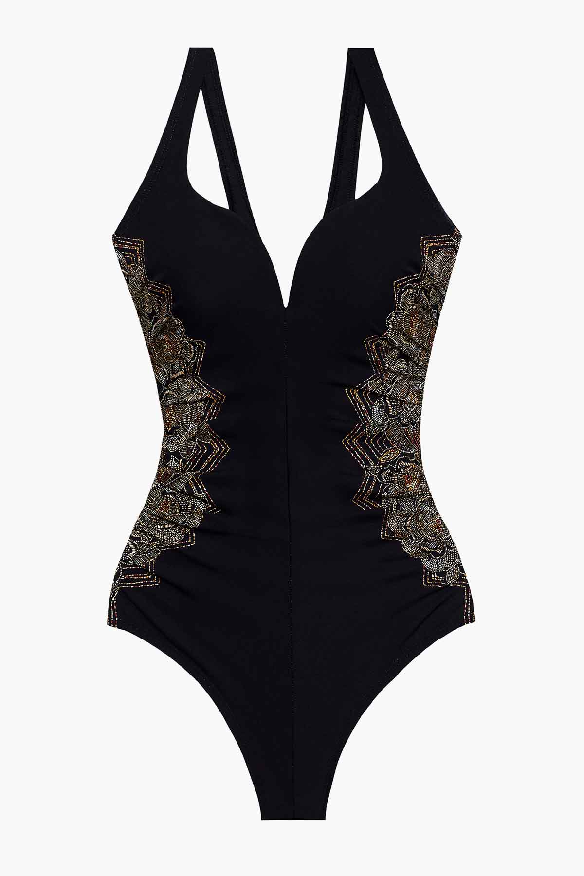 Petal Pusher Temptress One Piece Swimsuit Black/Multi | Miraclesuit