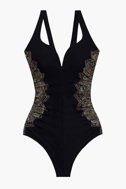 Petal Pusher Temptress One Piece Swimsuit Black/Multi | Miraclesuit