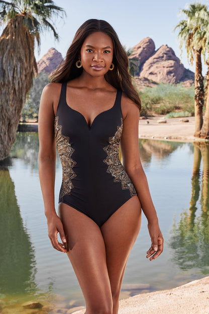 Petal Pusher Temptress One Piece Swimsuit Black/Multi | Miraclesuit